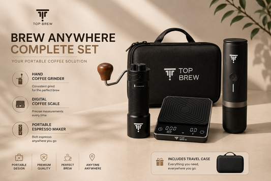 نظام TOP BREW الكامل — مطحنة وميزان وإسبريسو مع حقيبة