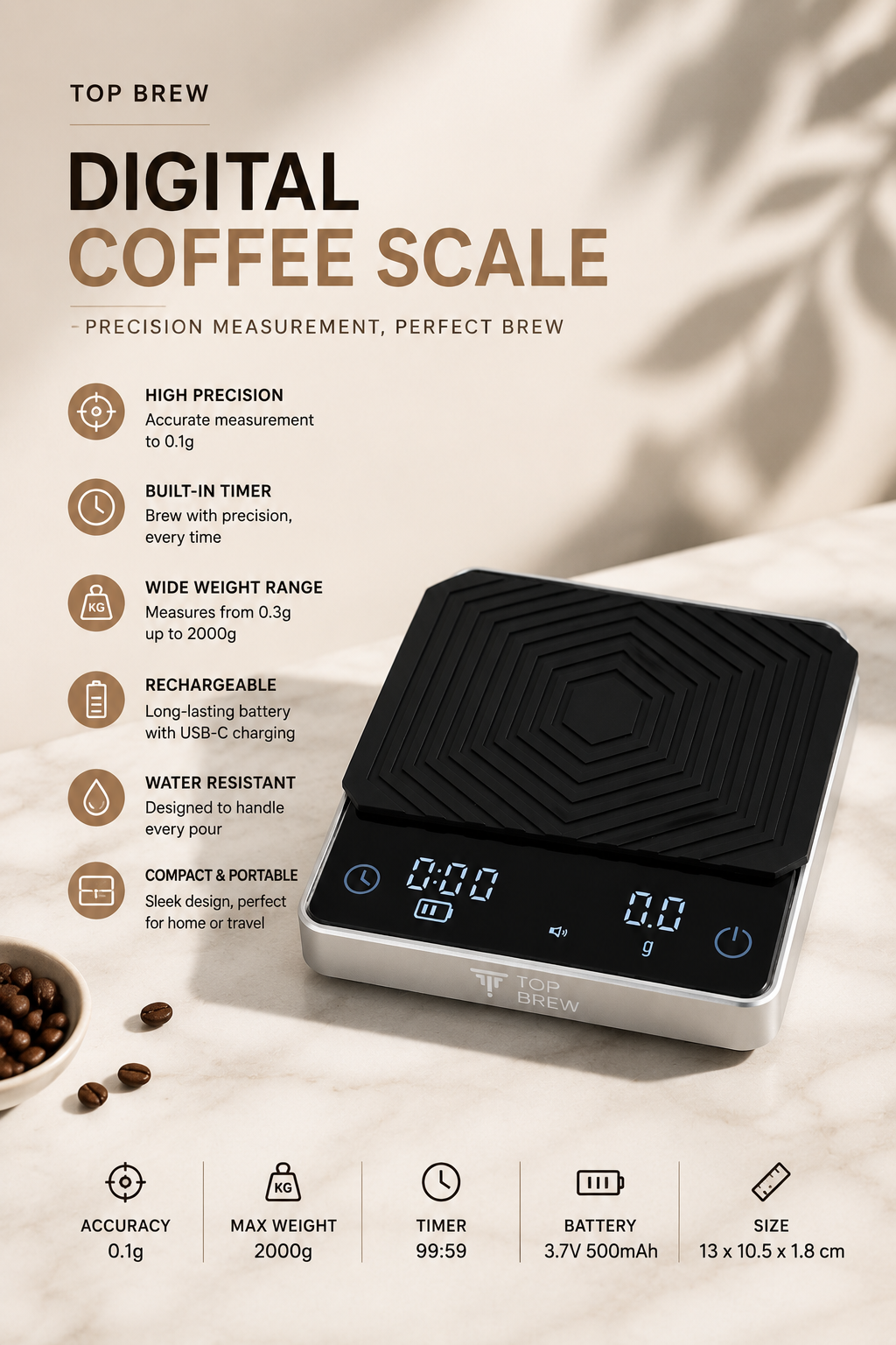 ميزان TOP BREW الرقمي — دقة 0.1g، مؤقّت، مقاوم للماء