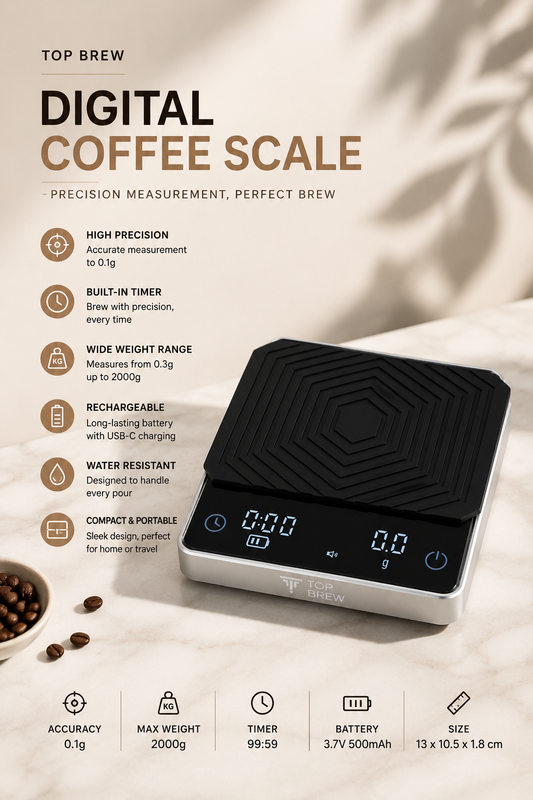 ميزان TOP BREW الرقمي — دقة 0.1g، مؤقّت، مقاوم للماء