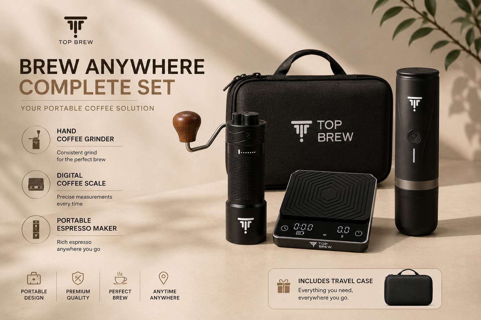 نظام TOP BREW الكامل — مطحنة وميزان وإسبريسو مع حقيبة