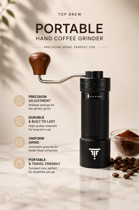 مطحنة TOP BREW اليدوية المحمولة — طحن دقيق، فنجان مثالي