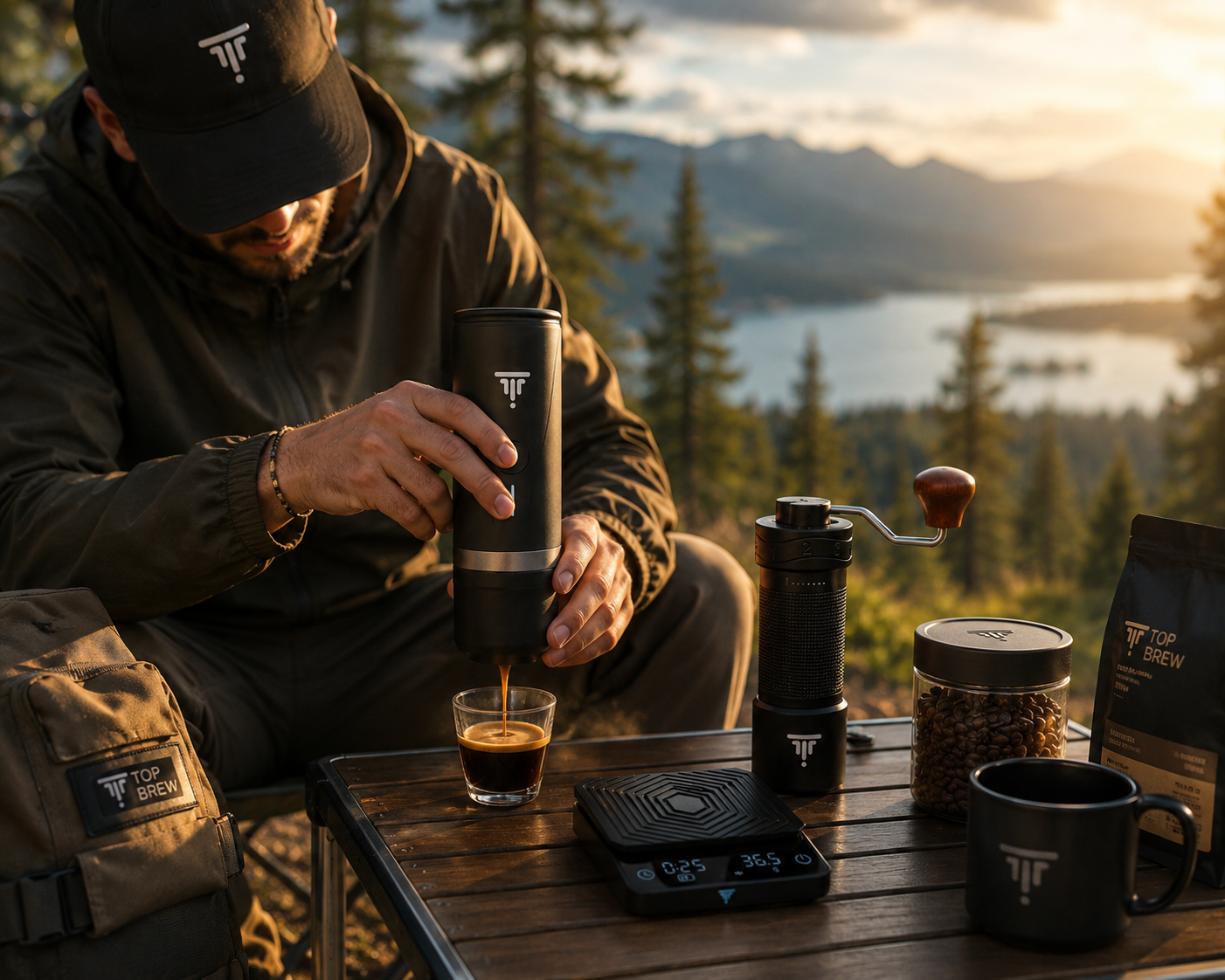 TOP BREW — تحضير إسبريسو في التخييم عند الغروب